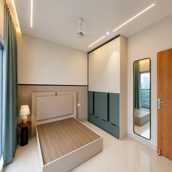Modern bedroom, luxury bedroom, premium bedroom interior, contemporary home, elegant bedroom, stylish bedroom, master bedroom, modern bed design, designer bed, upholstered headboard, wooden bed frame, modern wardrobe, built-in wardrobe, modular wardrobe, wardrobe design, bedroom furniture, luxury home interior, apartment interior, residential interior, contemporary interior design, minimalist bedroom, aesthetic bedroom, sophisticated interior, premium home decor, modern home decor, neutral color interior, white bedroom, grey bedroom, beige interior, wooden finish, wood texture, decorative wall, accent wall, wall paneling, modern lighting, ceiling lights, LED lights, ceiling fan, air conditioner, indoor plant, decorative wall hanging, full-length mirror, modern door, attached bathroom, bathroom entrance, spacious bedroom, clean interior, high-end home, dream home, elegant home design, luxury apartment bedroom.